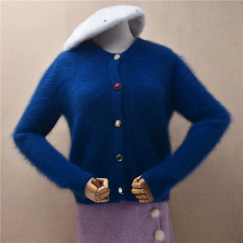 Ladies Women Autumn Winter Fashion Blue Hairy Angora Rabbit Hair Colored Buttons Short Style Slim Cardigans Sweater Jacket Coat