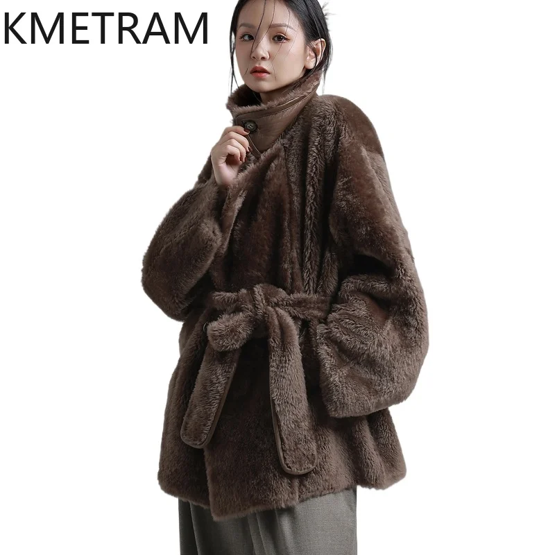 

KMETRAM 100% Merino Wool Sheepskin Double Faced Fur Coat Woman Stand Collar Real Fur Jacket Winter Clothes 2025 шуба женская