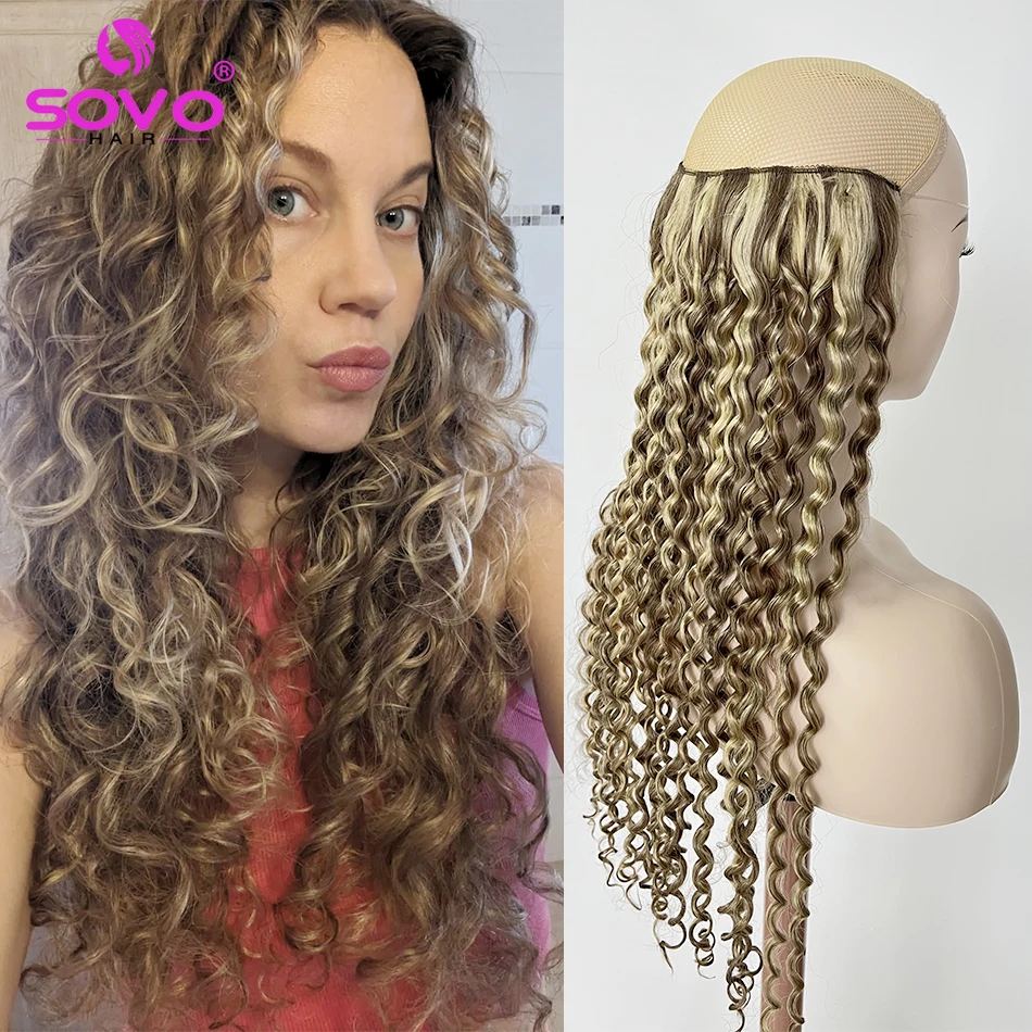 SOVO Invisible Wire Clip Na Extensão Do Cabelo Humano Secreto Peixe Linha Peça De Cabelo Onda De Água Curly Remy Extensão Do Cabelo para As Mulheres