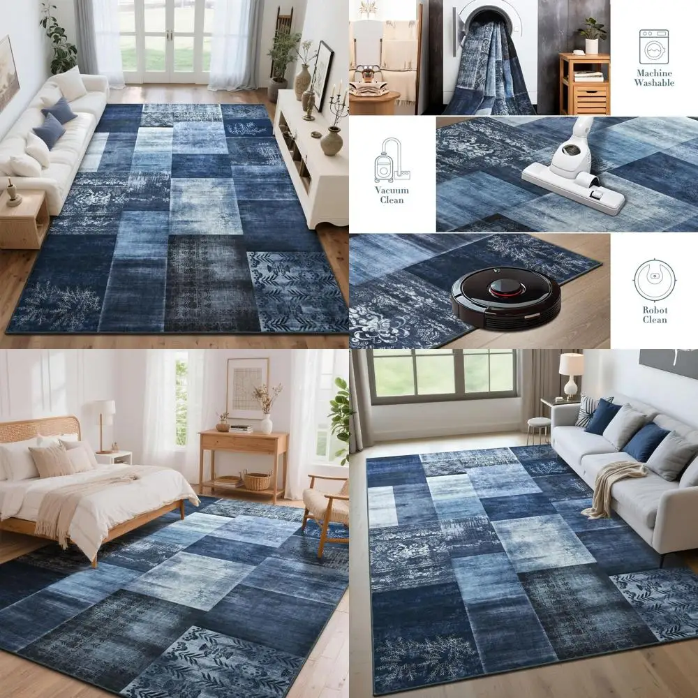 

Синие геометрические коврики 8x10 для гостиной, моющиеся и нескользящие, идеально подходят для декора спальни, столовой и офиса