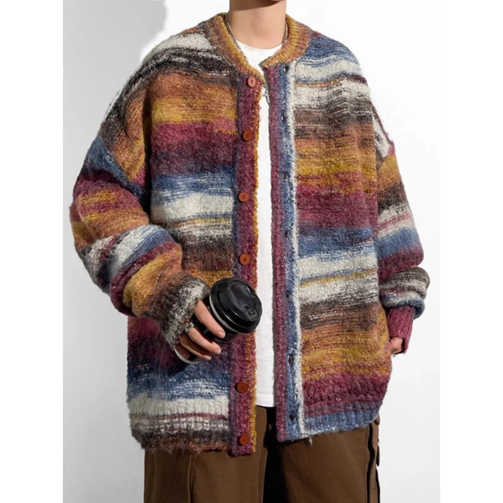 Cardigan maglione lavorato a maglia Tie-dye a contrasto di colore uomo autunno e inverno tendenza giacca Cardigan sciolto 2024 nuova coppia maglione