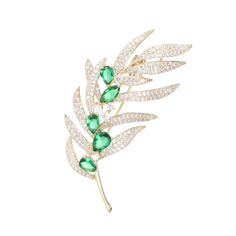 9527 Accessori per giacche eleganti e raffinati, spilla femminile con spilla a forma di foglia di piuma con spilla esposta imitazione