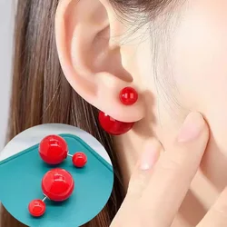 8mm 14mm Red Big Imitation Pearl Stud Earrings for Women Simple Round Ball Brincos Jewelry Birthday Friend Christmas Girl Gift