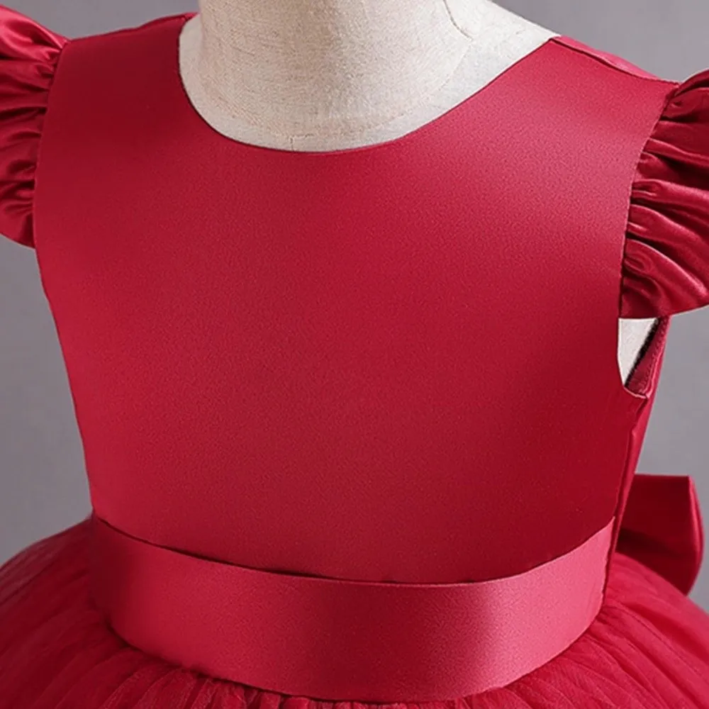 Fashion Red Pink Children's Bow Princess Dress‌ Tulle Backless Girls Puffy Dress Big Bow Flower Girl Dress Wedding Gown