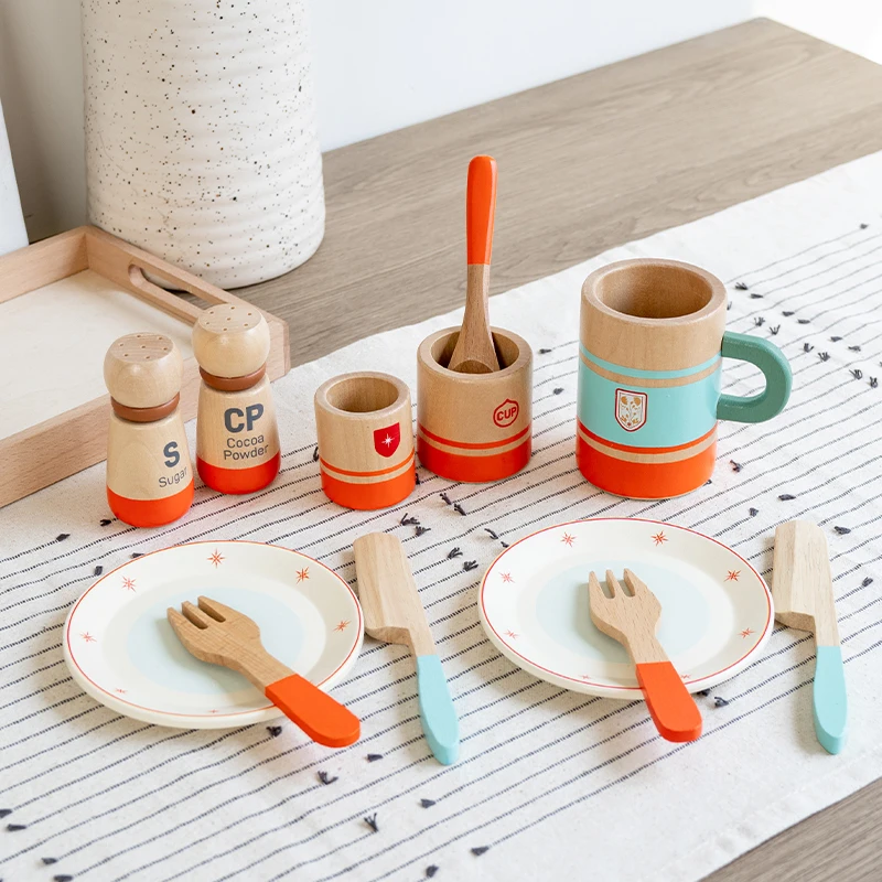 مجموعة أدوات مائدة خشبية متباينة باللونين البرتقالي والأزرق أدوات مطبخ واقعية + قطع زخرفية ممتعة لعب الأدوار للأطفال #3