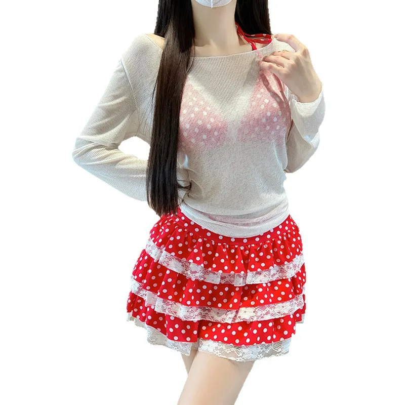 sexy vintage polka dot print bikinis sets 3pcs halter tie bikini white lace mini skirt swimsuit with long sleeve smock swimwear