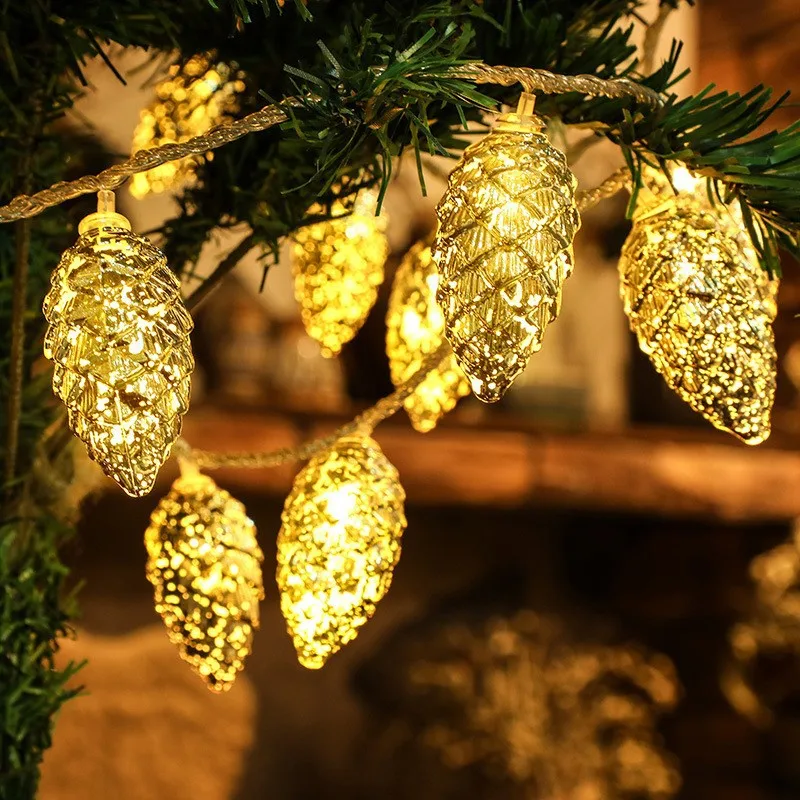 

2M 10 LEDS Gold Silver Pine Cones Light String Battery Operated Fairy Lights for Birthday Christmas Tree Hanging Decorations