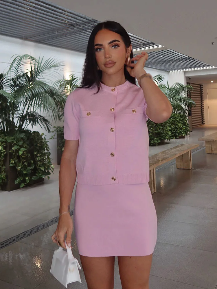 HH Women's Fashion Knitted Suit O-Neck Single-Breasted With Pocket Short Sleeve Top+Elastic Waist Solid Mini Skirt Set image 6
