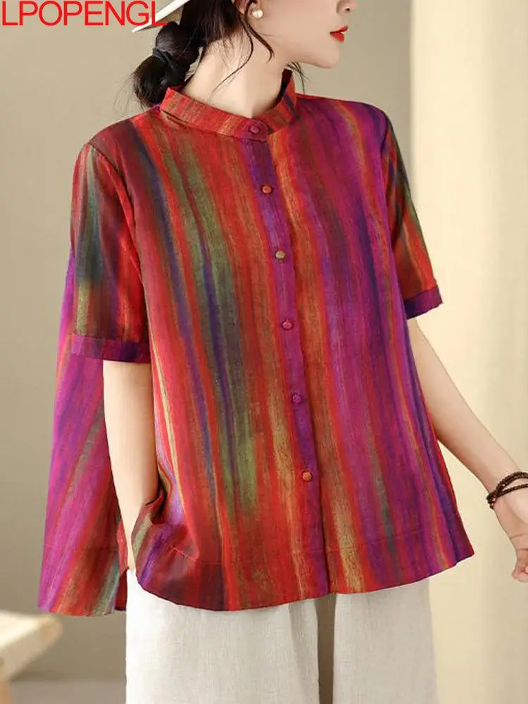 Nueva Moda 2026: Camisa Cárdigan de Verano Elegante con Cuello Alto, Holgada, a Rayas Multicolor, de Manga Corta y a la Moda ﻿