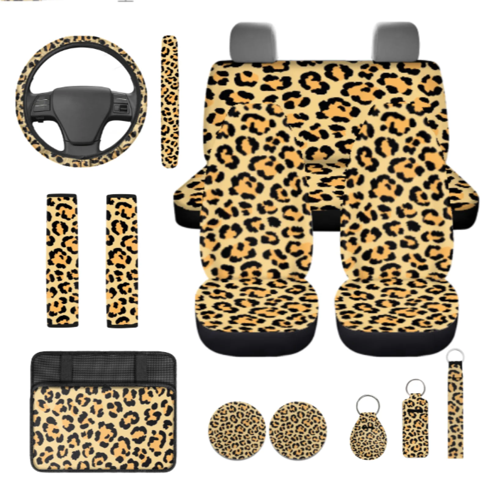 Coloranimal Leopard Print 13 PCS Car Seat Cover Set with Easy Installation Auto Armrest Covers and Coasters for Auto Interior