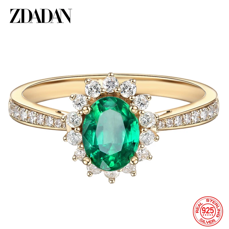 ZDADAN 925 Sterling Silver 18K Gold Emerald Adjustable Ring For Women Girls Fashion Party Jewelry