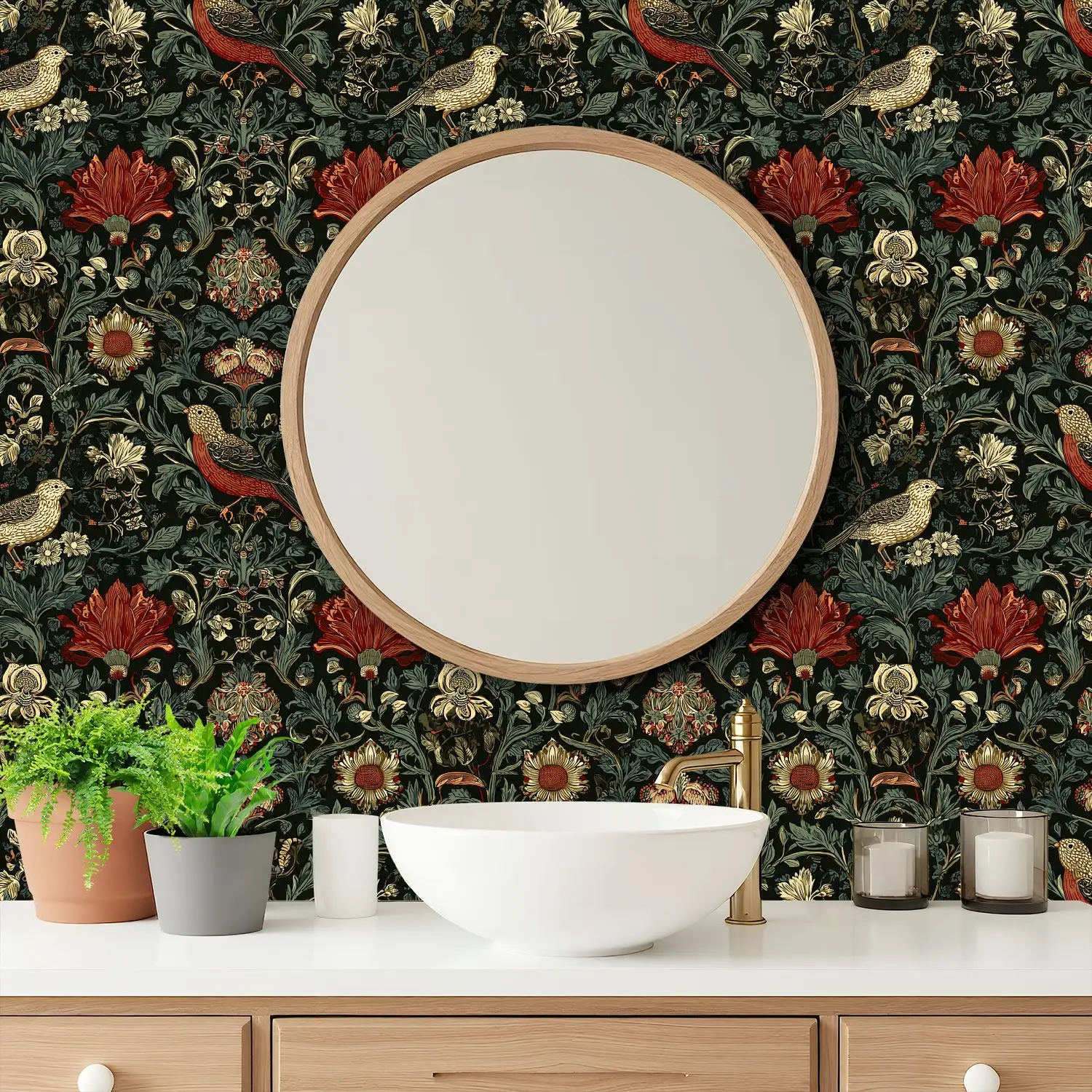 Vintage Floral Birds Laub Tapete 22,83"X118" wasserdichte Tapete für Wohnzimmer/Schlafzimmer/Badezimmer PVC-Wandaufkleber