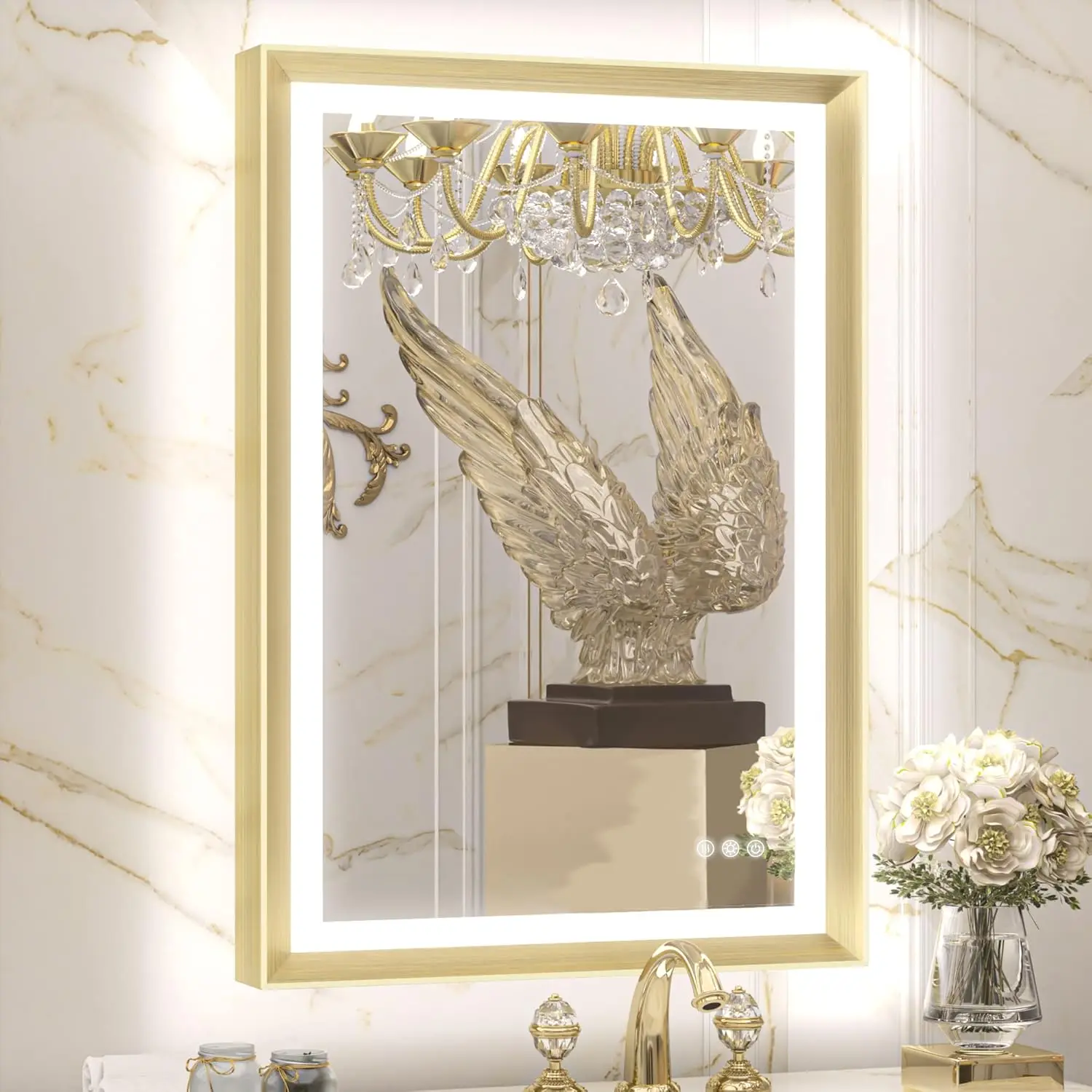 Tetote Gold Led Bathroom Mirror With Lights 24X36 Frontlit & Backlit Vanity Framed Mirror Baroque Anti Fog Stepless Dimmable