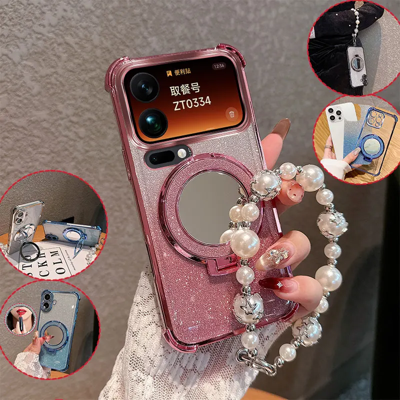Bling Glitzer Lippenstift Spiegelständer Handyhülle für Xiaomi Mi 17 Pro 17Pro Max Mi17 mit Perlenkette, stoßfeste Schutzhülle