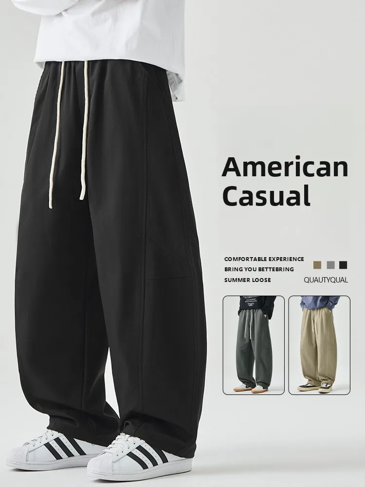 

Мужские повседневные брюки свободного кроя с прямыми штанинами, в американском стиле, от модного бренда, универсальные, струящиеся, спортивные, длинные, осенняя новинка