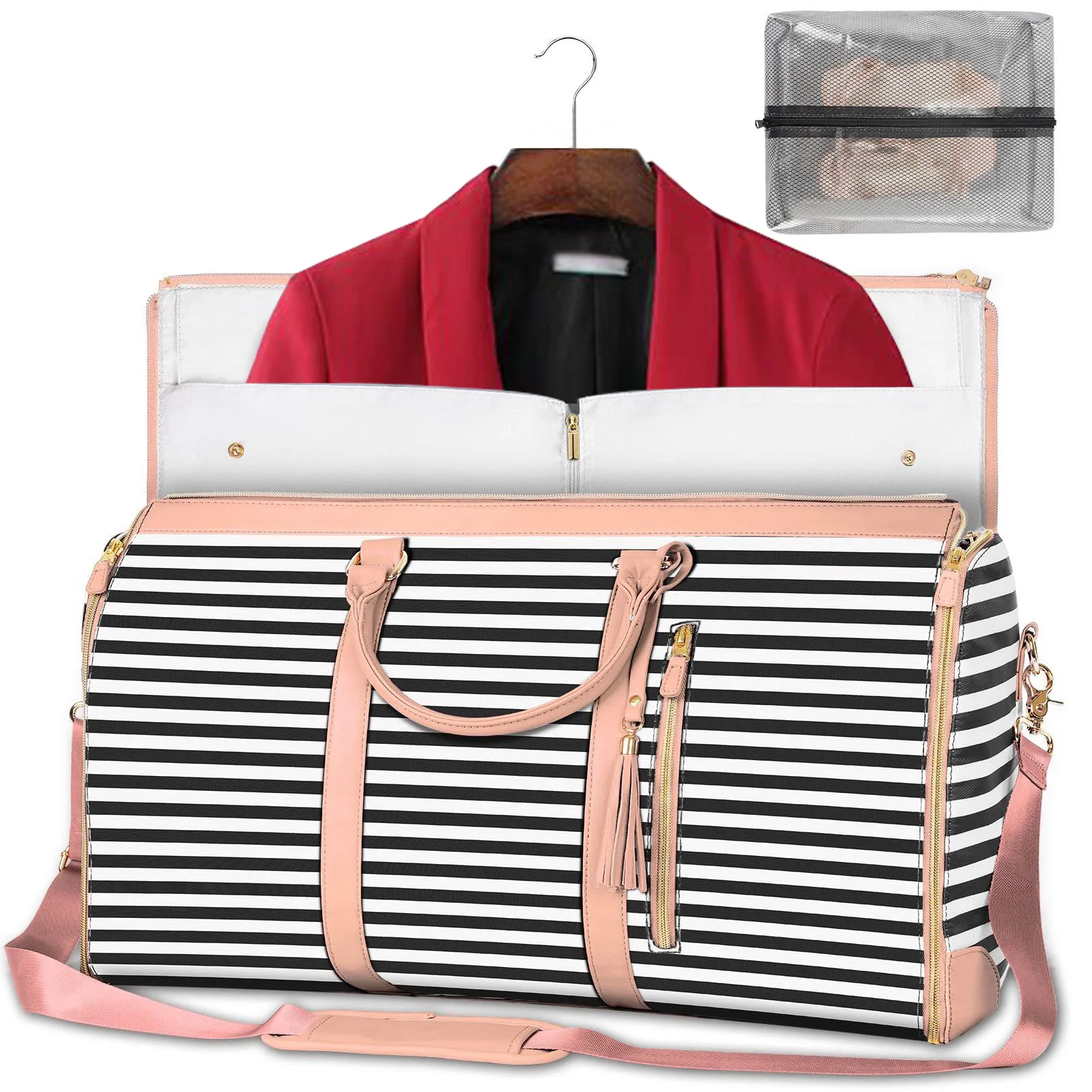 Pu Convertible Garment Bag with Shoulder Strap Carry on Duffel Bag for Men Women 2 in 1 Hanging Suitcase Suit Travel stripe Bag