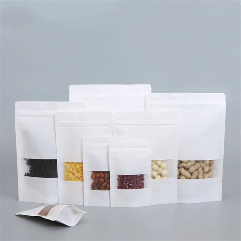 10/20pcs White Vertical Zipper Kraft Paper Window Bags Gift Candy Dry Food Tea Packaging Bags Moisture-proof Self-sealing Bags