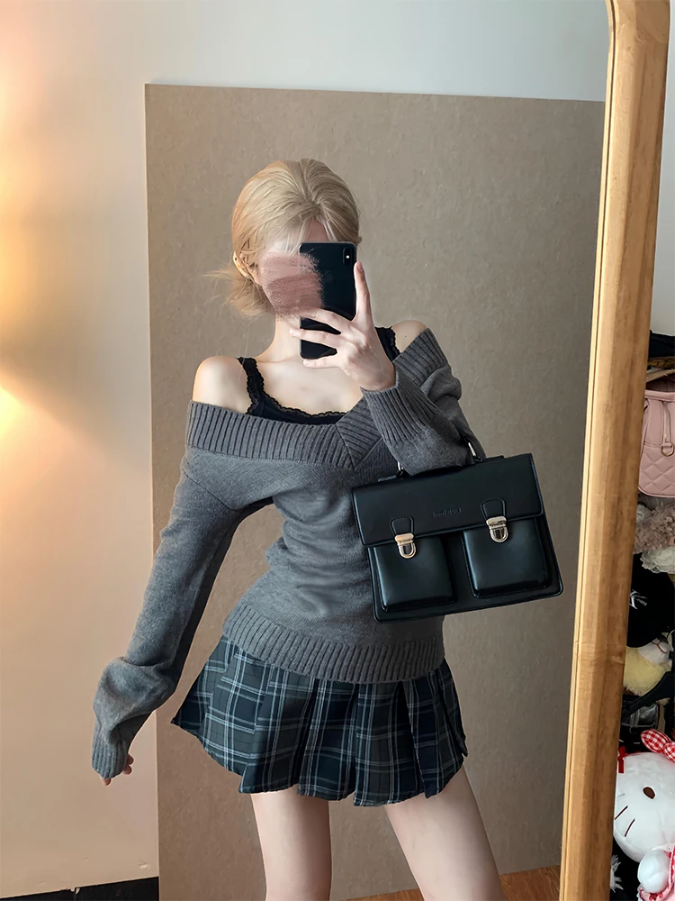 Retro V-Ne Knitted Sweater Women's Slim Fit ort Sle Lazy Faion Base Layer Outerwear Autumn Winter Pure Desire Knit Top