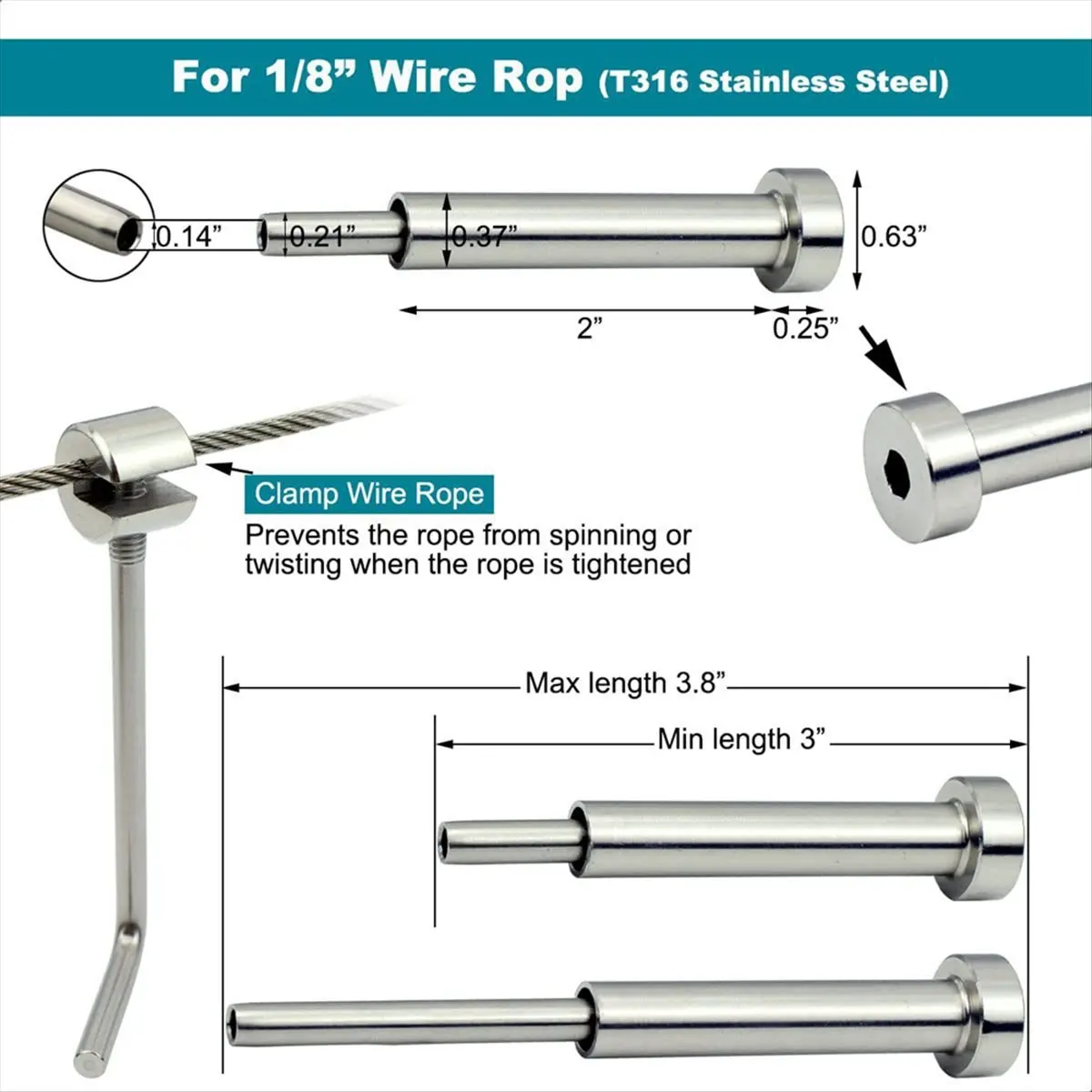 

A23G 10 Pairs 4x4In Invisible Cable Railing Kit, 1/8In Invisible Receiver and Swage Stud End for 2x2In,4x4In Wood/Metal Posts