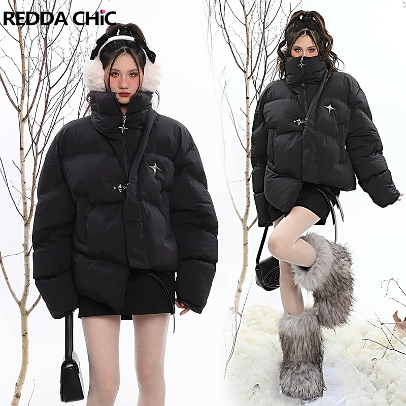 ReddaChic Turtleneck Cropped Down Jacket Women Star Pin Asymmetrical Black Puffer Quilted Coat Casual Winter Parkas Y2k Clothes