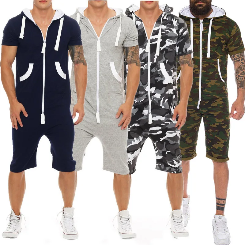 

New Camouflage Hooded ort Sve Bodysuit Men's Summer Casual Sport Suit ort Sve Overall Clothes Other Material 00%