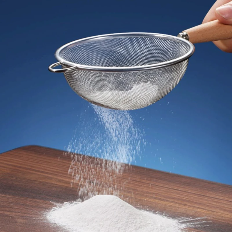 Multi-function Filter Mesh Flour Sifter Stainless Steel Small Colander Fine Mesh Oil Strainer Wooden Handle Kitchen Baking Tools