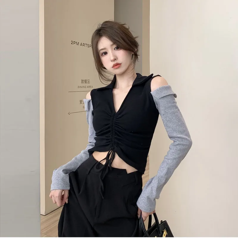 2023 Fall Women's Clothing Polo Lapel off-the-Shoulder Color Contrast Patchwork Drawstring Long Sleeve T-shirt Women's Top