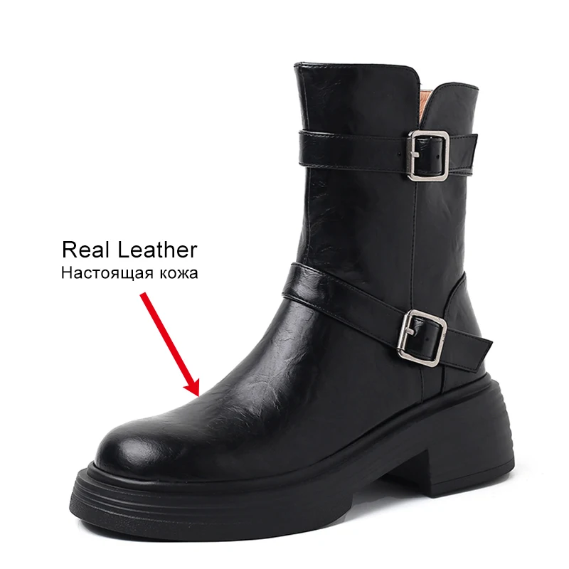 JOZHAMTA Size 33-40 Women Knight Boots Real Leather Buckle Straps Thick Heels Platform Shoes Winter Short Booties Office Dress