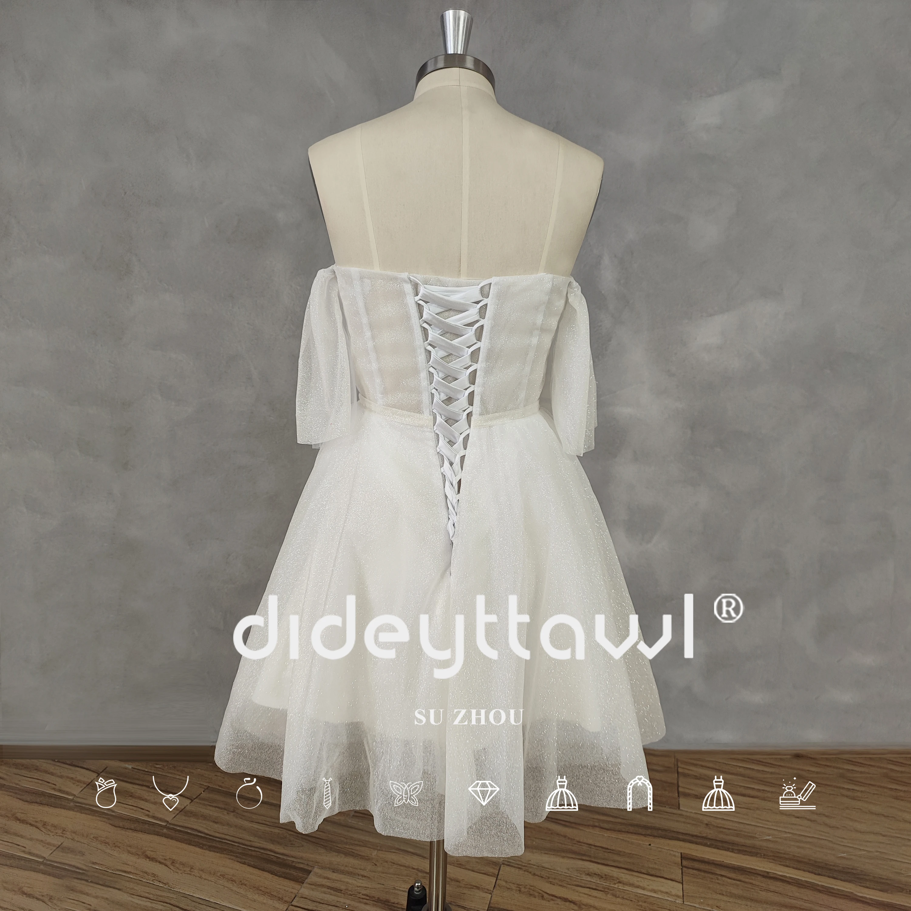 DIDEYTTAWL-Vestido de casamento curto, foto real, mangas, tule brilhante, linha A, laço para cima, comprimento mini, vestido de noiva, feito sob medida