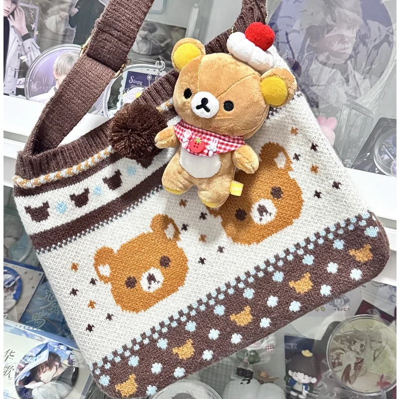 

Kawaii оригинальная весенняя кашемировая вязаная сумка Rilakkuma с героями мультфильмов, подарки, большая вместительная сумка через плечо с регулируемым плечевым ремнем