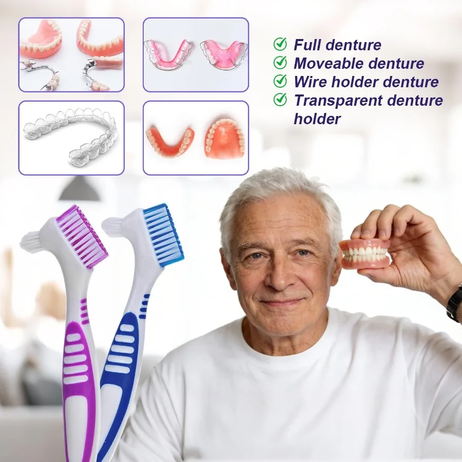 3pcs/set Double Sided Denture Cleaning Toothbrush Multi-Layered Bristles Teeth Braces Oral Cleaning Denture Storage with Filter