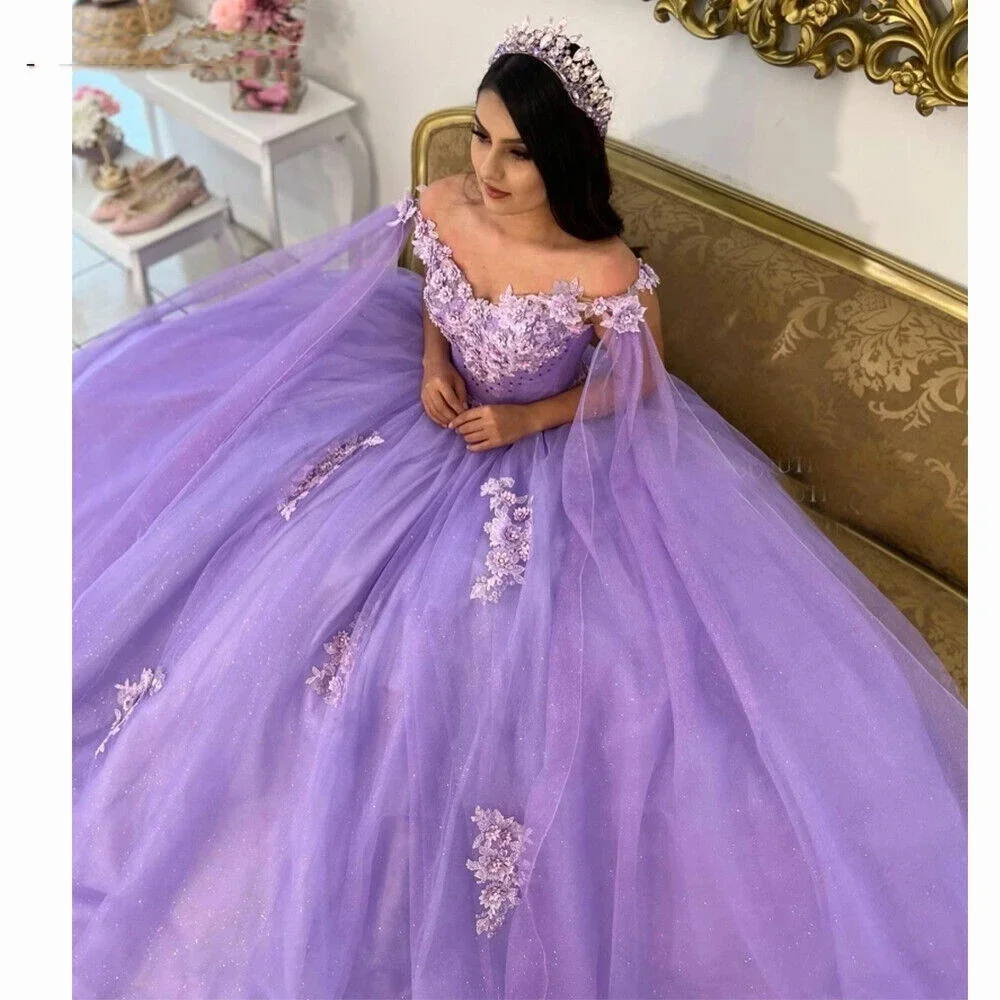 Angelsbridep Charming Off Shoulder Ball Gown Quinceanera Dresses Appliques Lilac Prom Party Dress Vestidos De Festa