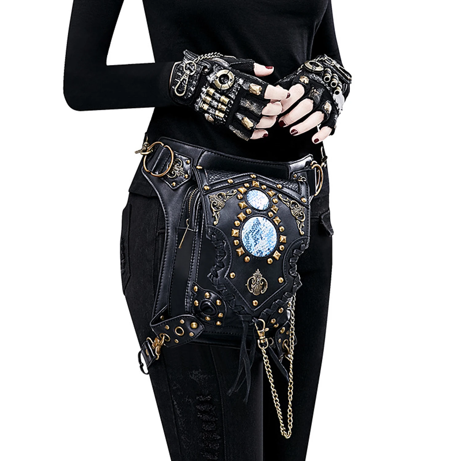 Gothic Steampunk Women Waist Bags,Retro Rock Punk Goth Shoulder Handbags,Men Leg Thigh Holster Leather Crossbody Bags