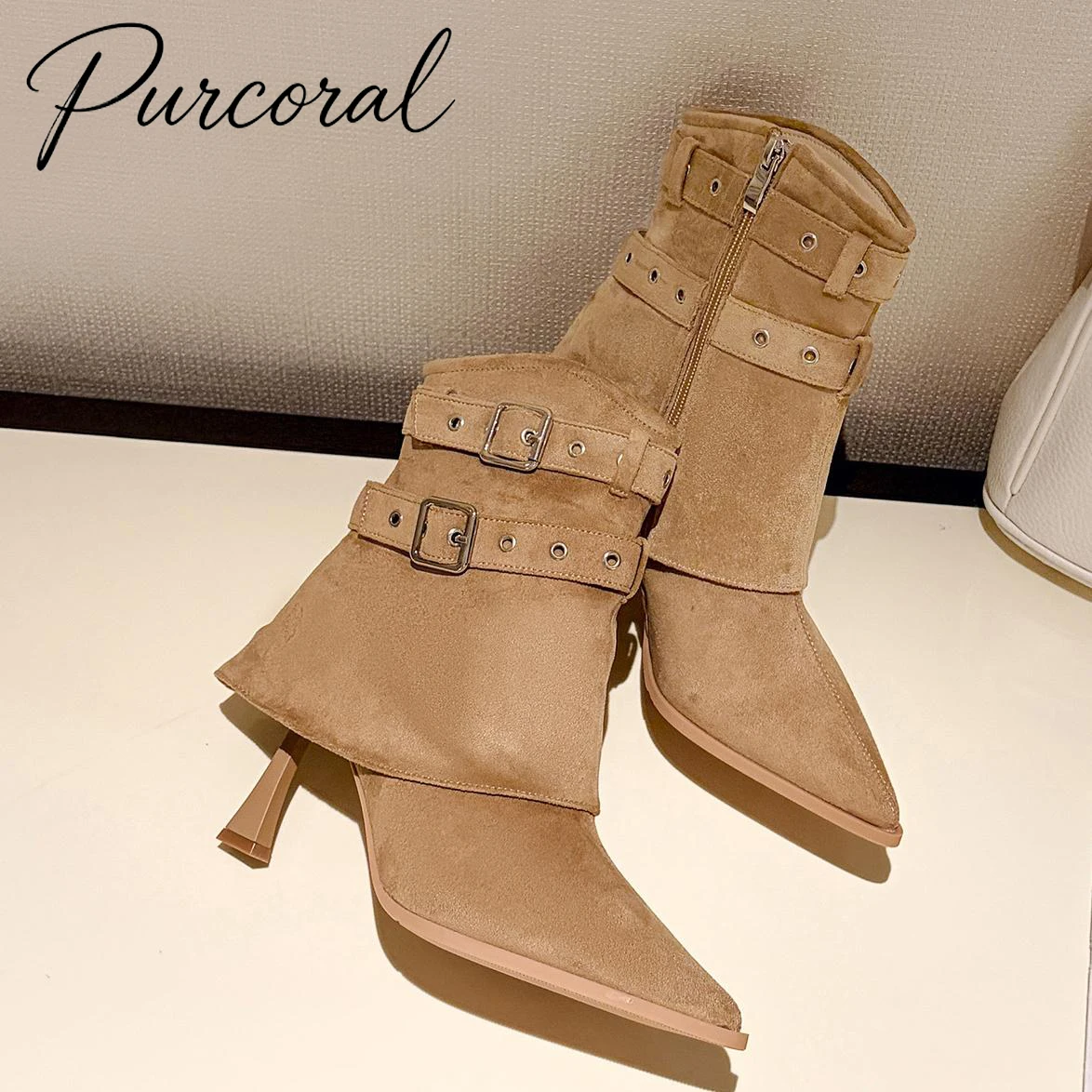 Purcoral 2026 Ankle Booties Women Pointed Toe Stiletto Heel Double Buckle Straps Side Zipper Suede Short Boots