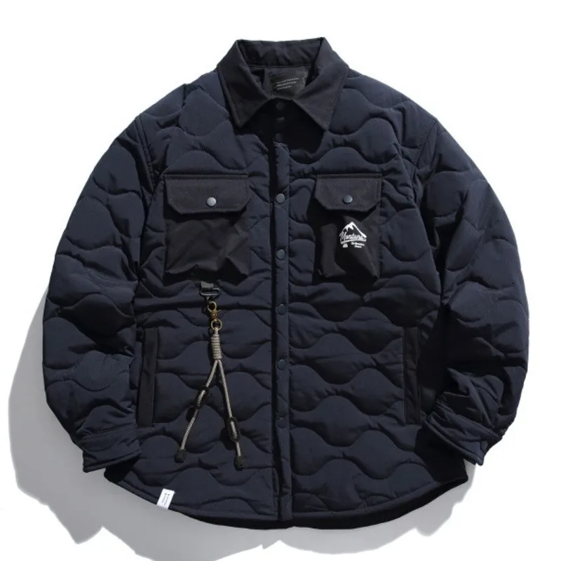 سترات مبطنة منقوشة على شكل قرع للرجال مع جيوب متعددة Harajuku Retro High Street مريحة وفضفاضة ومتعددة الاستخدامات معاطف قطنية دافئة