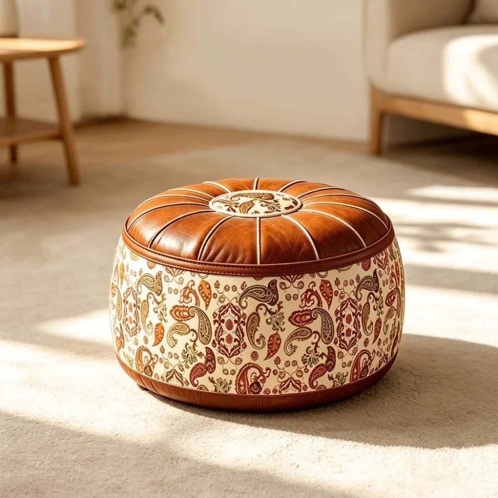 PU Leather Seat Cushion Cover Unstuffed Vintage Sofa Stool Cover Large Capacity Waterproof Round Footstool Cover Leisure