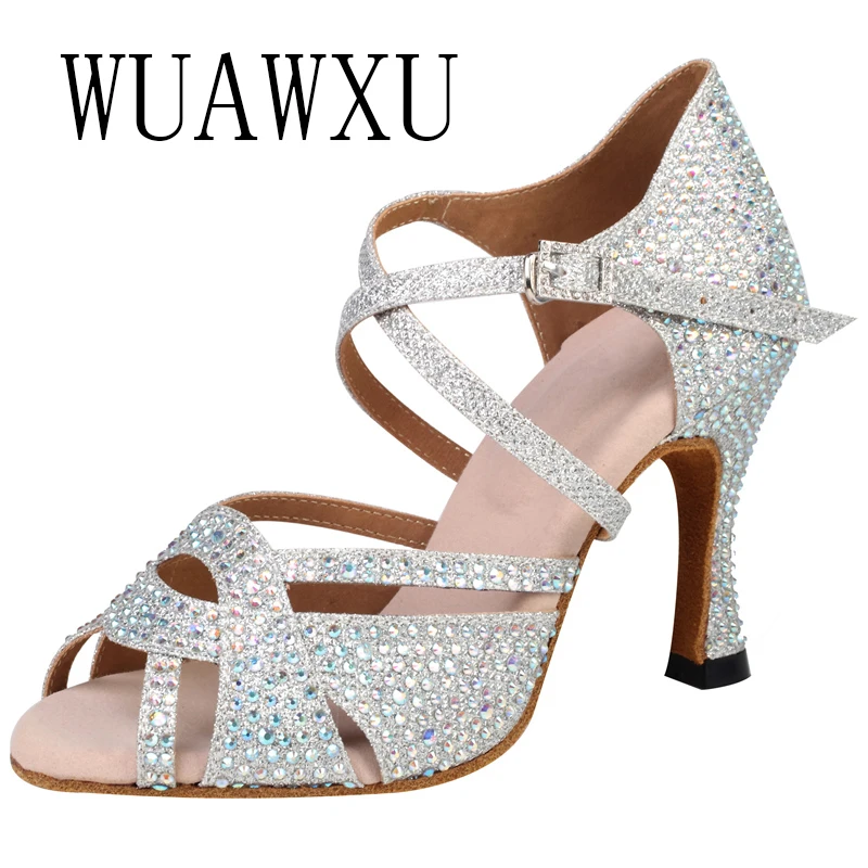 

NATASHA silver white diamond inlaid Latin dance shoes women's 2023 new soft soled dance sandals summer dance high heels square d