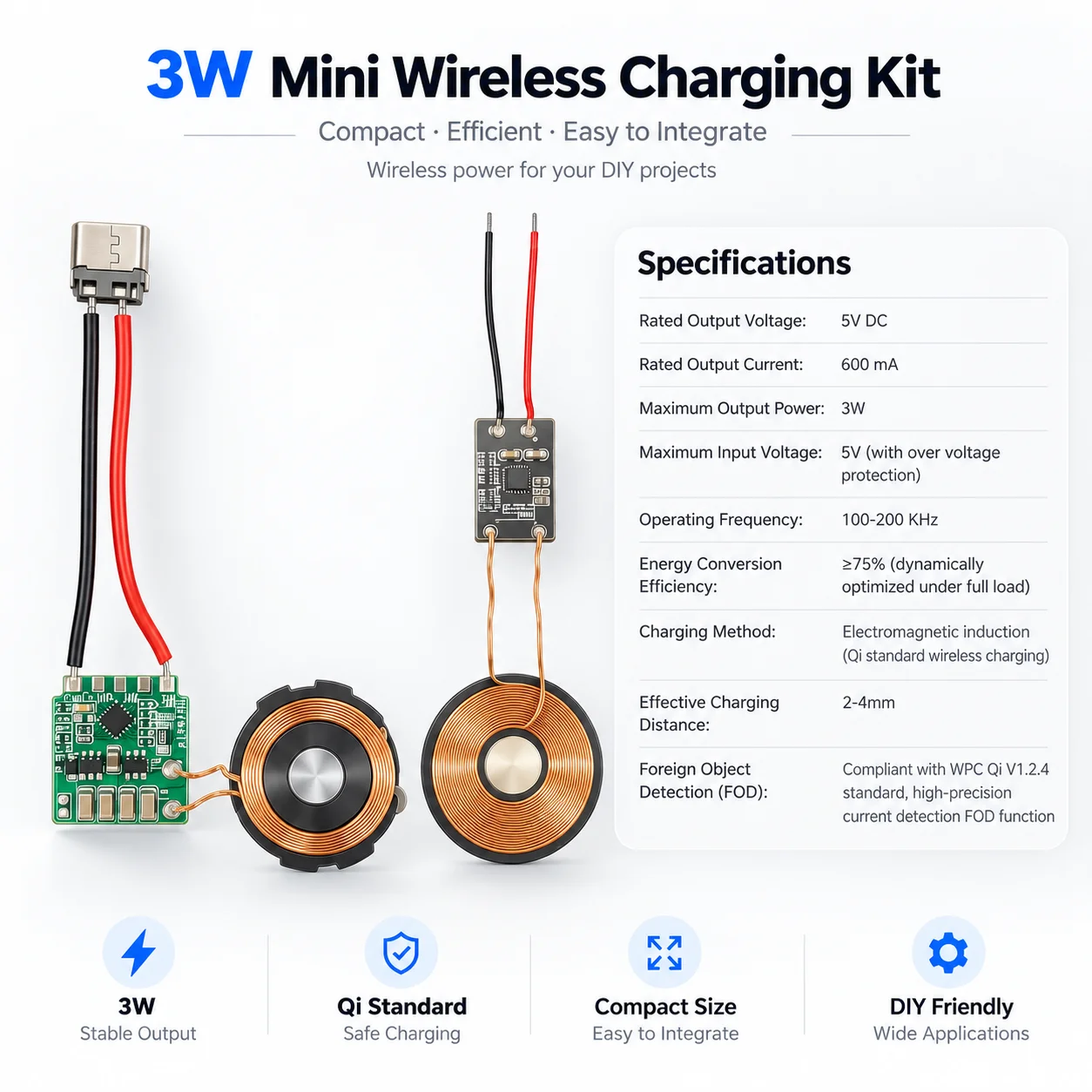 Moduł bezprzewodowego ładowania 3W 5V, układ nadawczo-odbiorczy TX RX, płytka obwodu, cewka, miniaturowy zestaw do bezprzewodowego przesyłania energii, idealny do projektów DIY. — zdjęcie produktu 3