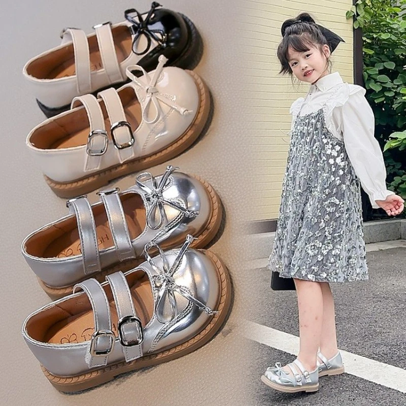 

New Girls Leather Shoes Spring Autumn Patchwork Children Dress Flat Shoes Sweet Bowknot Kids Fashion Mary Jane Princess Shoes
