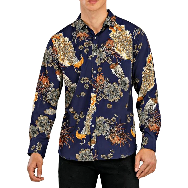 Camisa Masculina Manga Longa, Estampa Retrô, Personalidade, Casual, Negócios, Praia, Havaiana, Festa, Boate, Luxo, Nova Moda