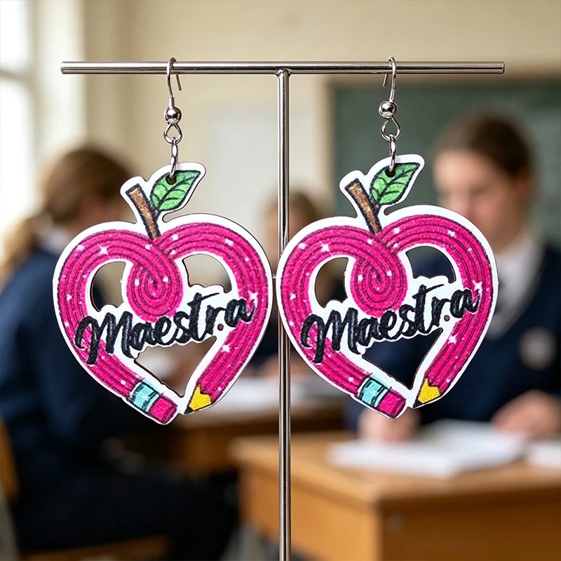 Maestra Pink Heart Apple Pencil Dangle Earrings Spanish Teacher Appreciation Jewelry Back To School Thank You Gift For Latina Wo