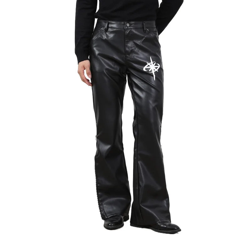 Stylish Men's Black PU Leather Pants Fashion Bell Bottom Motorcycle Biker Trousers Windproof Waterproof Riding Flare Pants