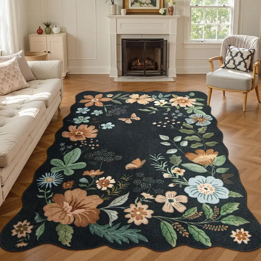 

Floral Rugs for Living Room, 5x7 Area Rugs UltraThin Soft Washable Rug, NonSlip Bedroom Rug Stain Resistant Lightweight Boho Low