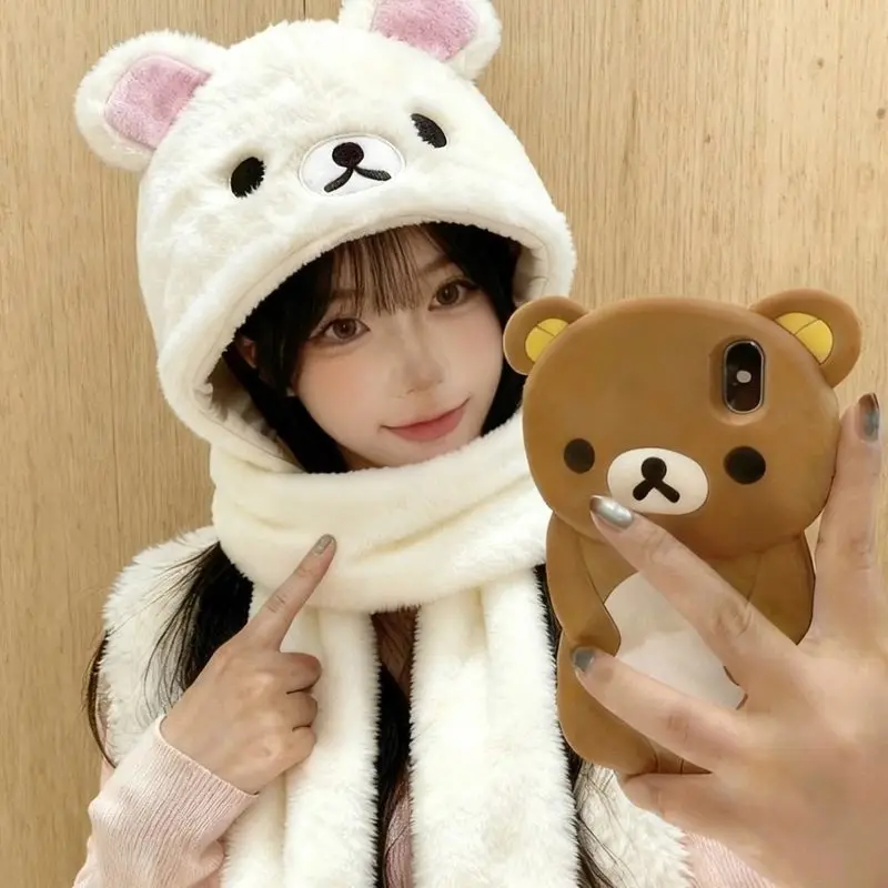 Set 3 in 1 Rilakkuma: Cappello, Sciarpa e Guanti a Forma di Orsetto, Caldo e Morbido per l'Inverno, Protezione per Viso, Orecchie e Collo per Donne e Ragazze, Uso Quotidiano all'Aperto