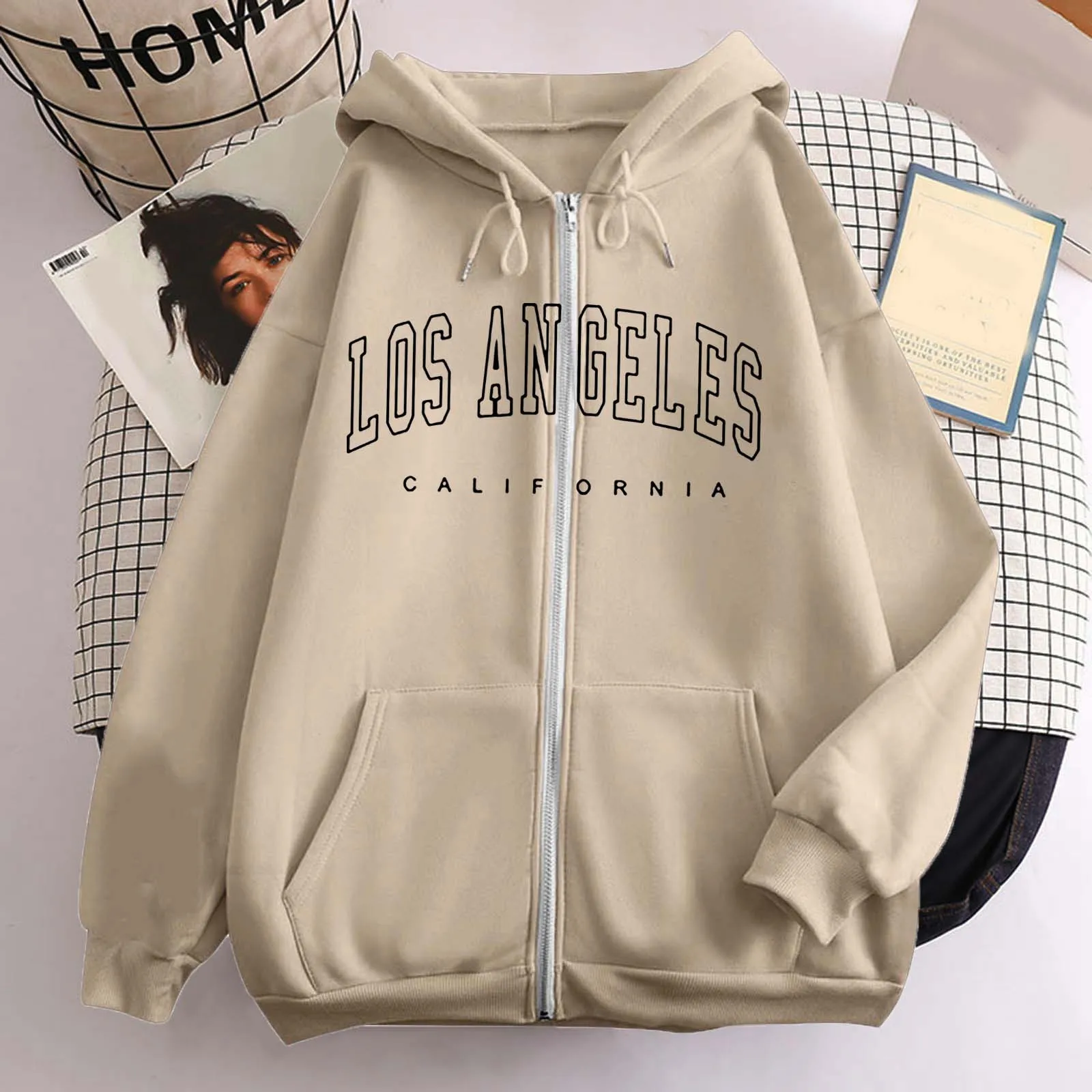 Los Angeles Letter Print Zip up Harajuku Hoodies Jacket Women Casual Oversized Sweatshirt Female Streetwear Pockets Hooded Coats