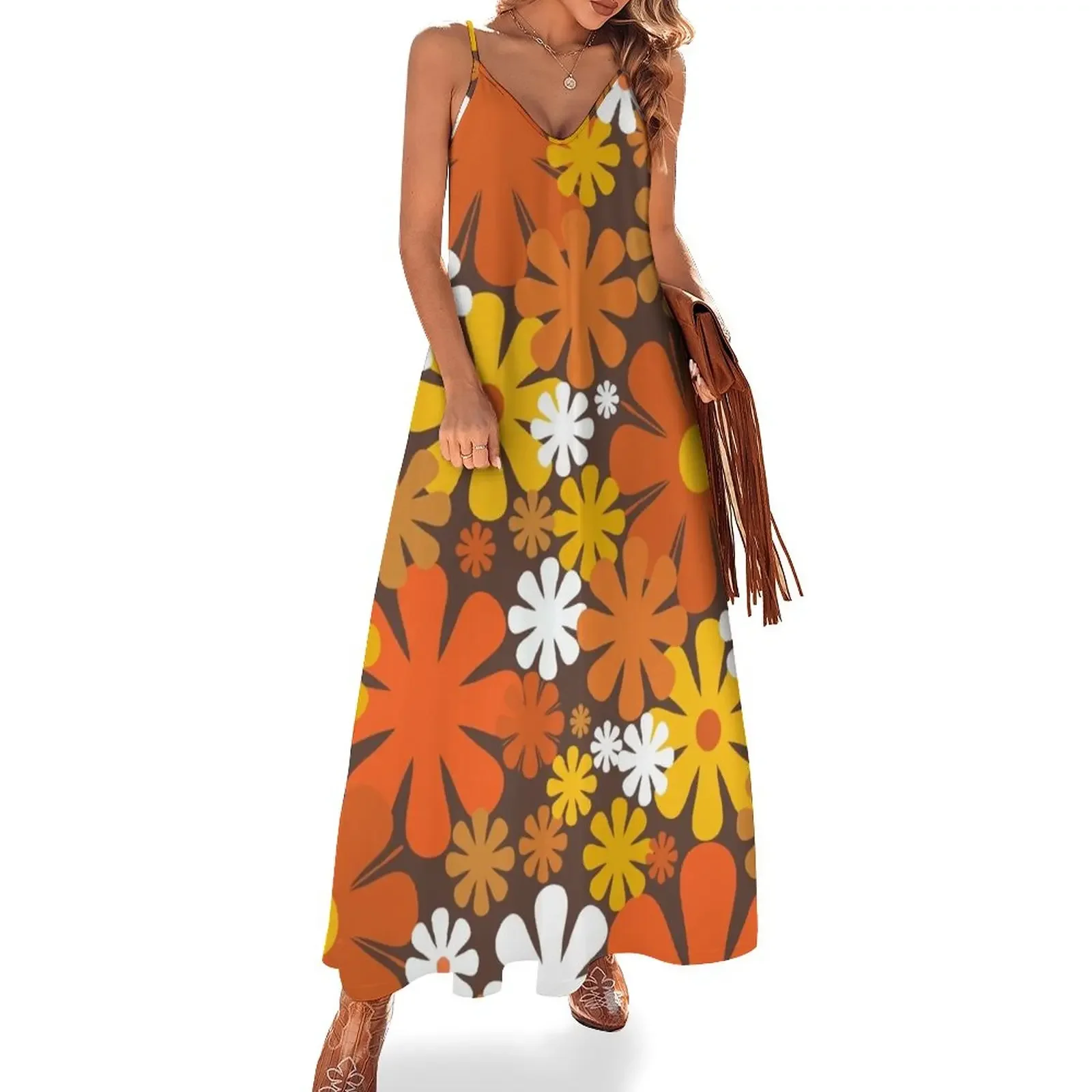 

Retro 60s 70s Aesthetic Floral Pattern in 1970s Brown Orange Yellow White Sleeveless Dress women formal occasion dresses Dress