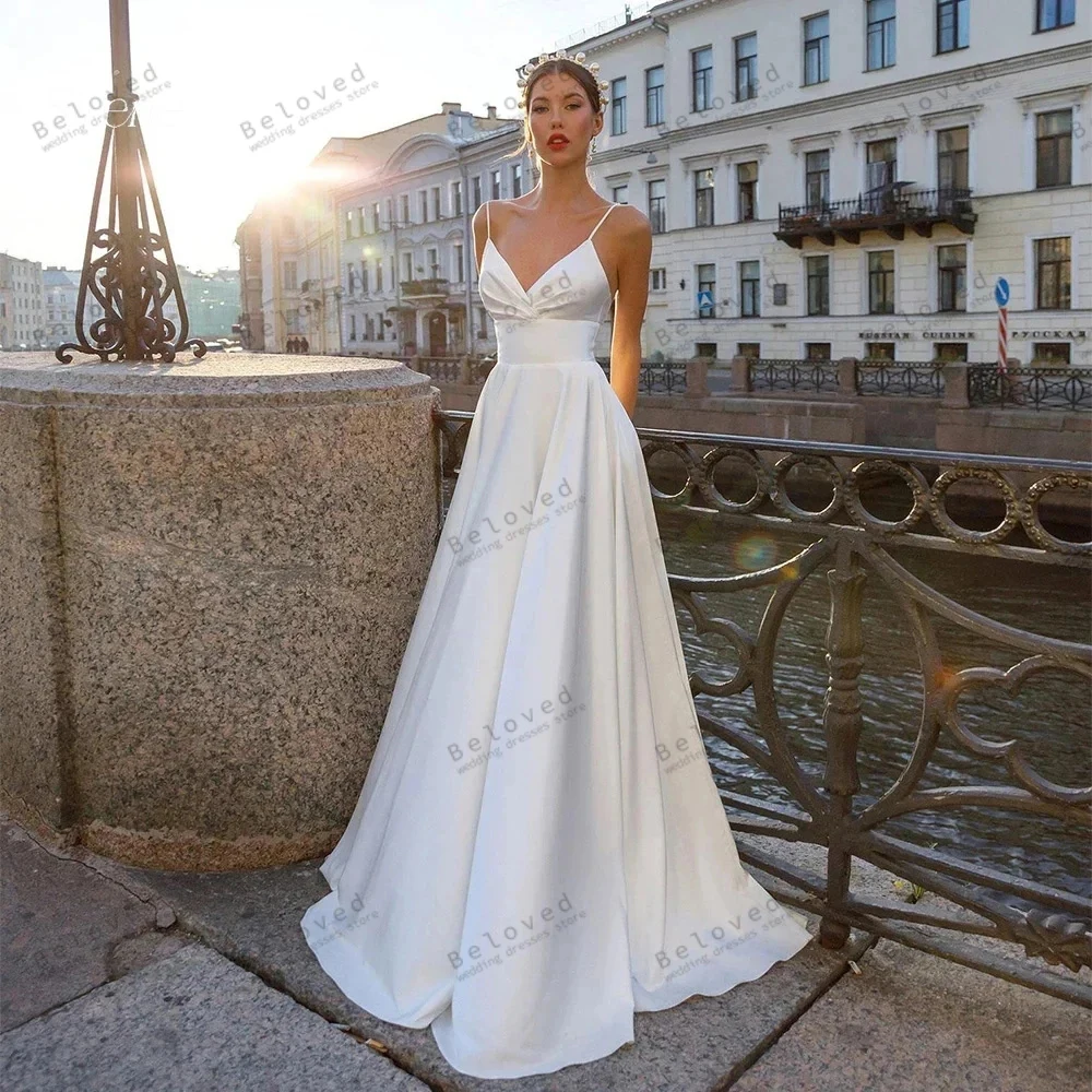 

Graceful Wedding Dresses A-Line Satin Bridal Gowns Spaghetti Straps Robes For Formal Party Elegant Backless Vestidos De Novia