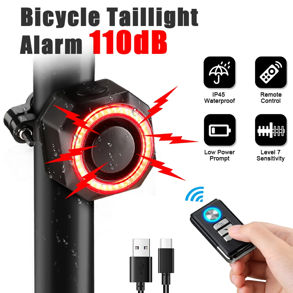 Bike Anti-theft Taillight Alarm Waterproof Remote Control Bike Bell Smart Brake Sensing USB Charging Bicycle Rear Light Alarm