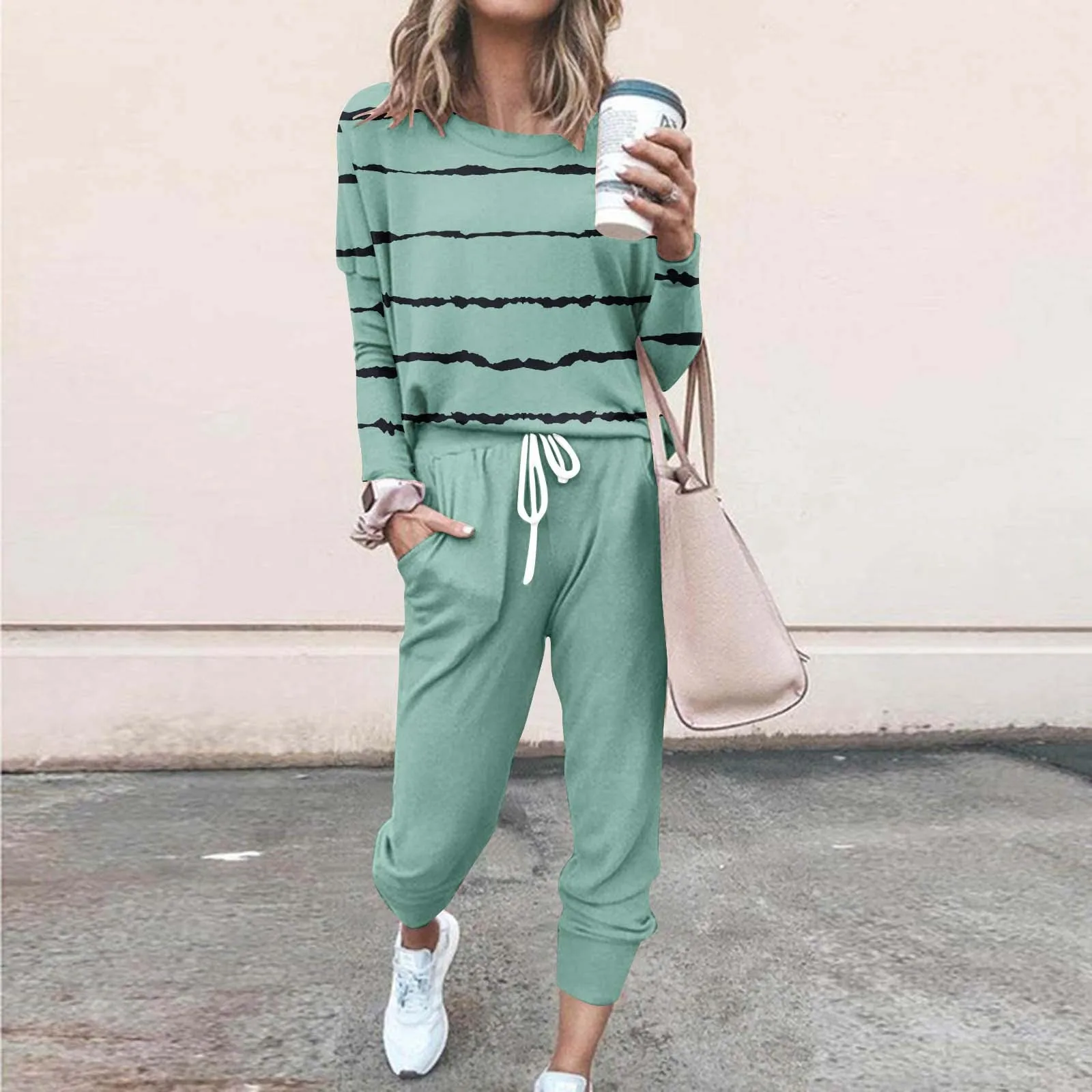 

Fashion Streetwear Y2k Sets For Women 2024 High Waist stripe Color Round Neck Casual Loose Long Sleeve Top And Pants Sports Set