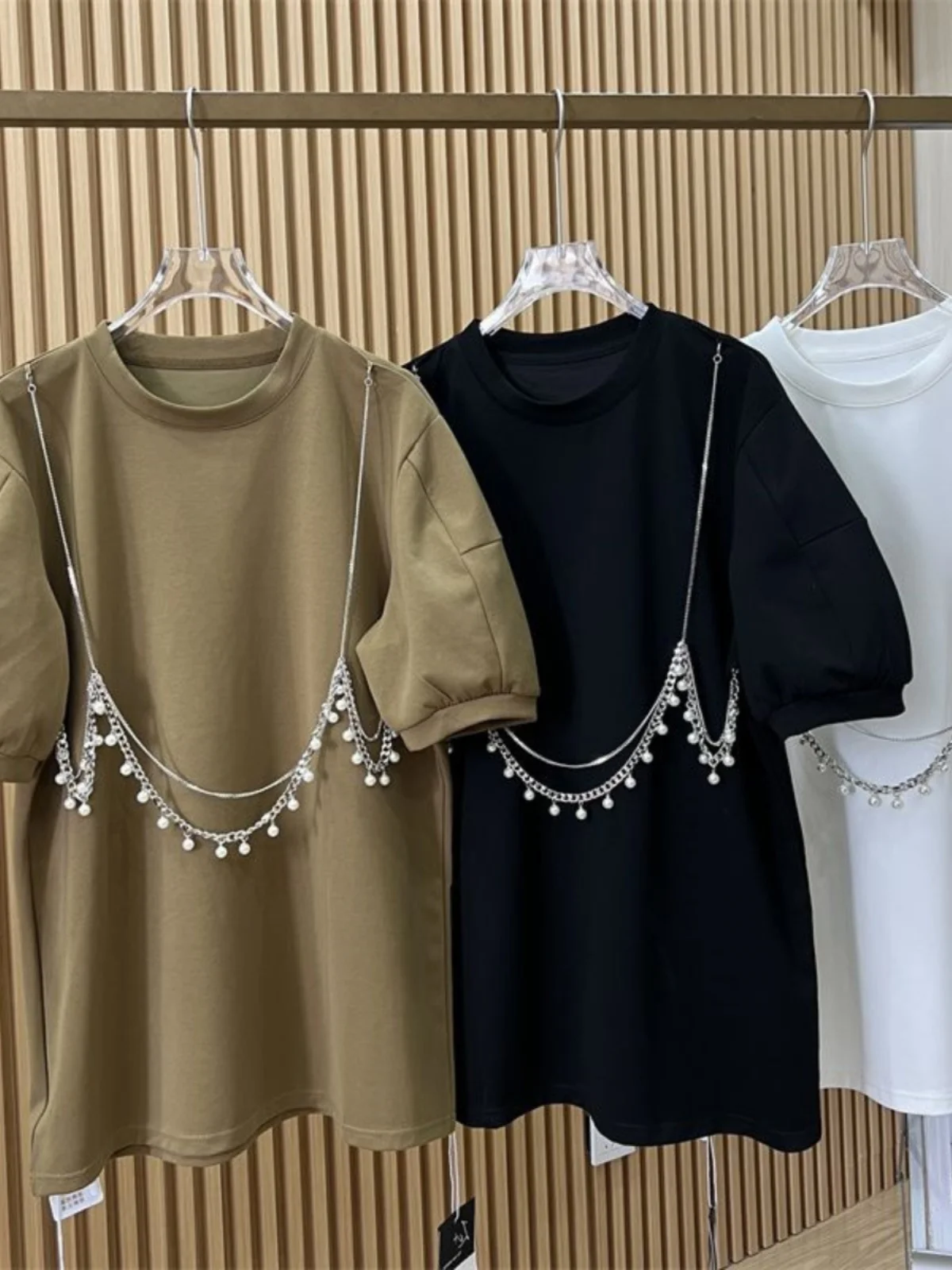 plus Size Women's T-Shirt Bubble Sleeve Heavy Embroidery Casual Loose Thin Short Sleeve Top Korean Style round Neck Mid-Length